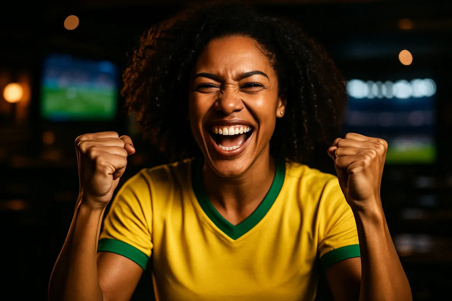 Retrato de mulher brasileira comemorando em bar esportivo com jogo ao fundo