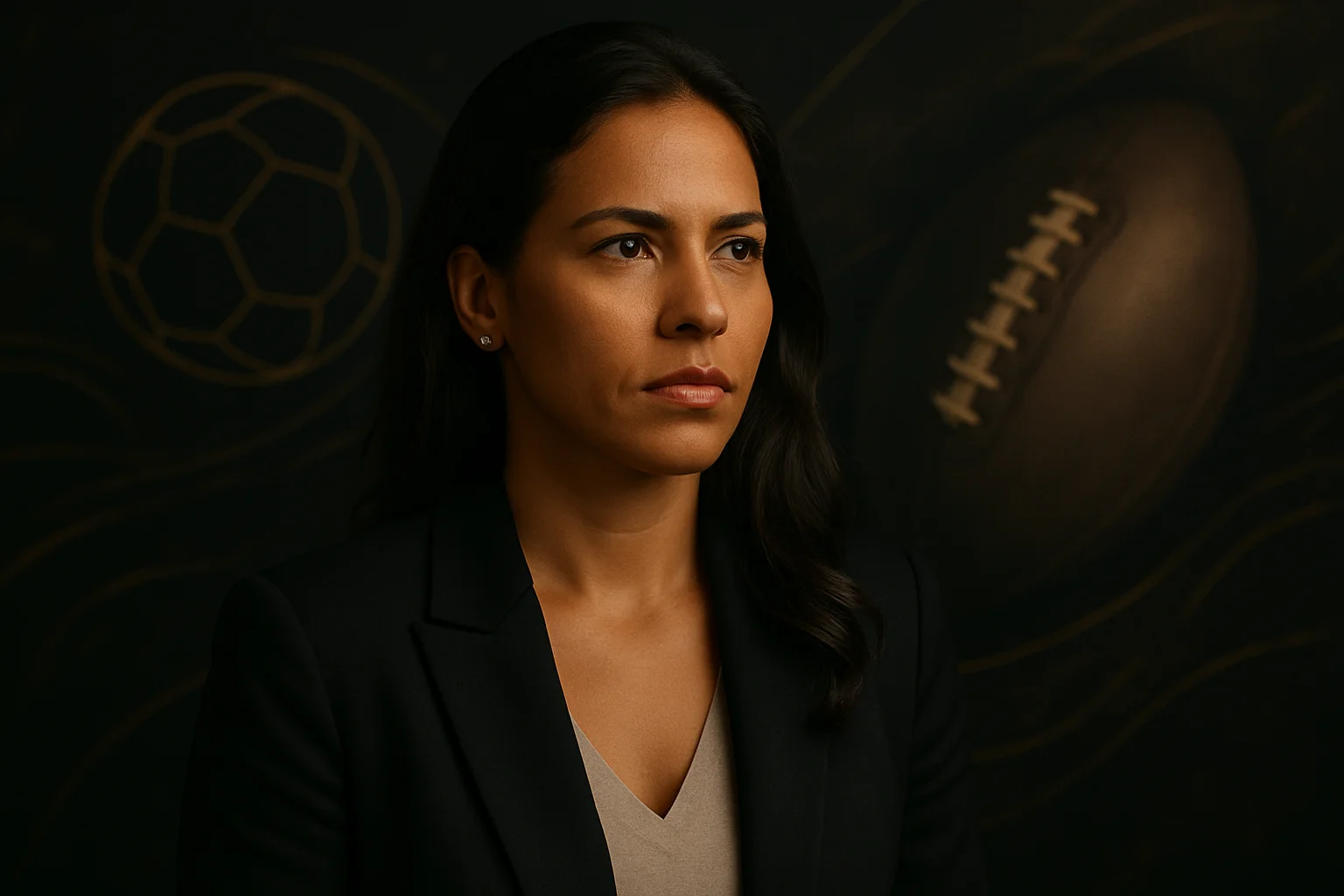 Retrato profissional de mulher brasileira focada com fundo esportivo de futebol desfocado