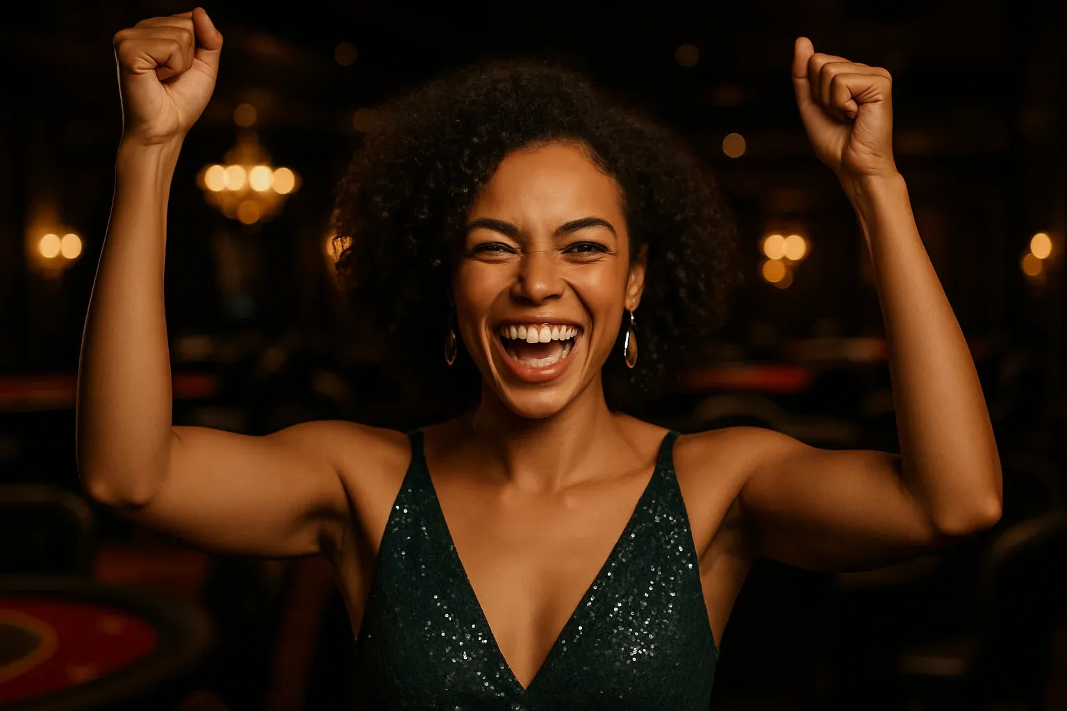 Retrato de mulher brasileira comemorando vitória no cassino com braços erguidos