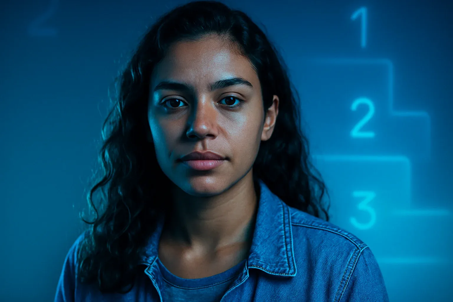 Retrato profissional de jovem brasileira em fundo gradiente com elementos numerados sutis