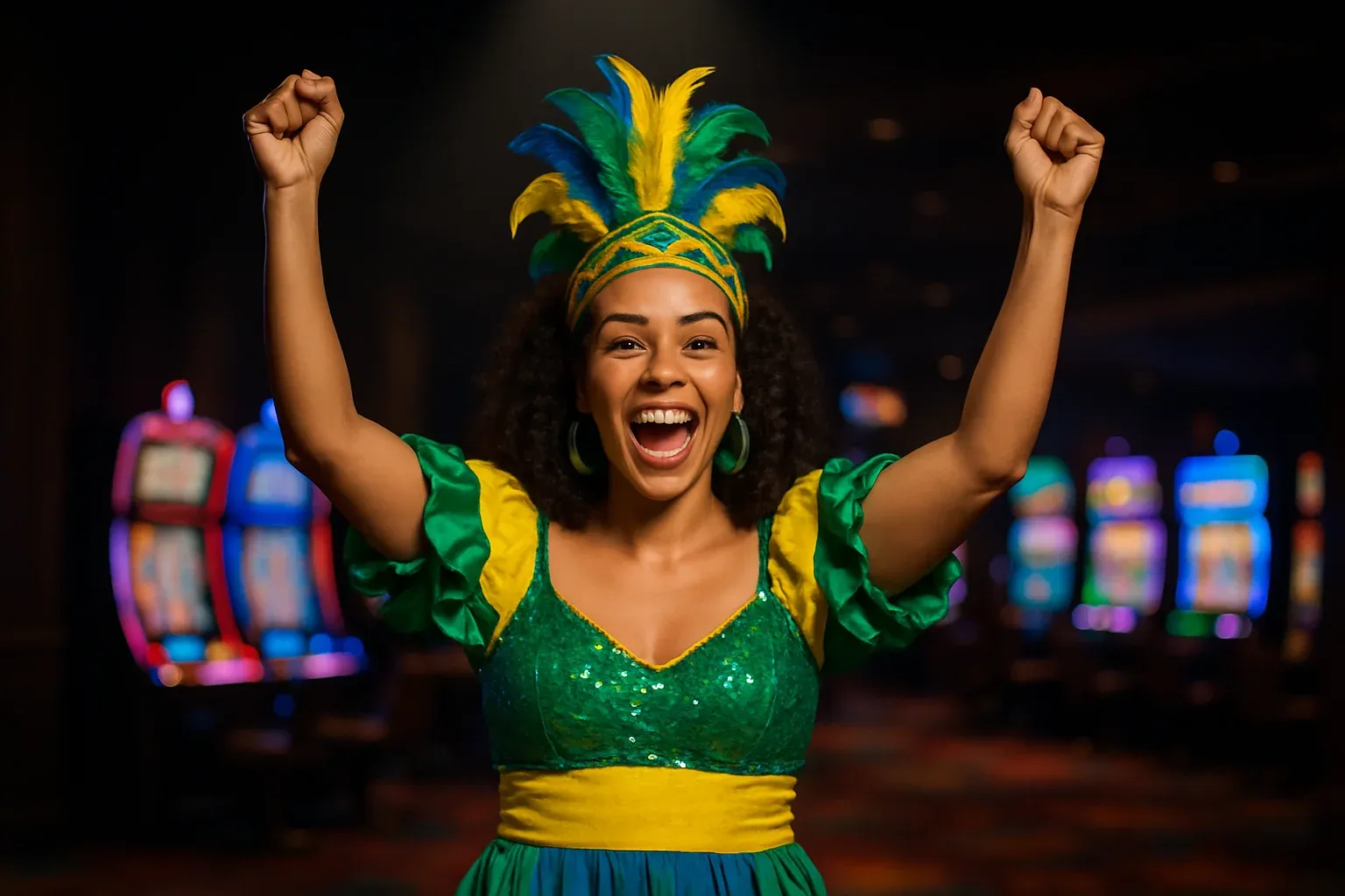 Retrato de mulher brasileira comemorando no cassino com caça-níqueis ao fundo