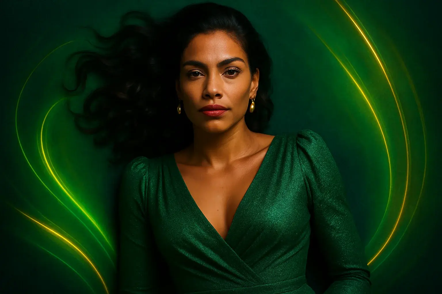 Retrato profissional de mulher brasileira elegante em fundo gradiente verde e dourado