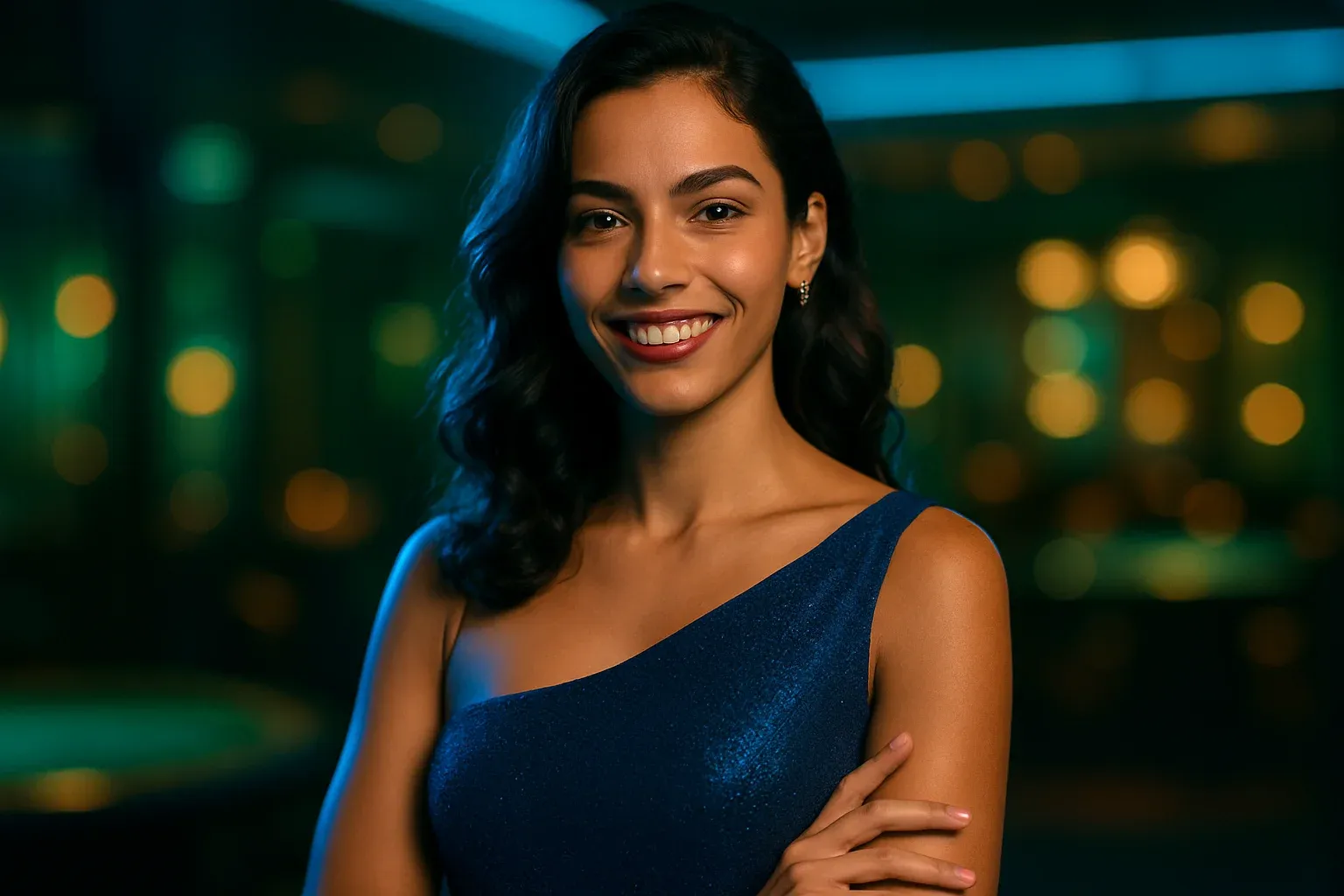 Retrato profissional de mulher brasileira elegante em vestido de noite no cassino