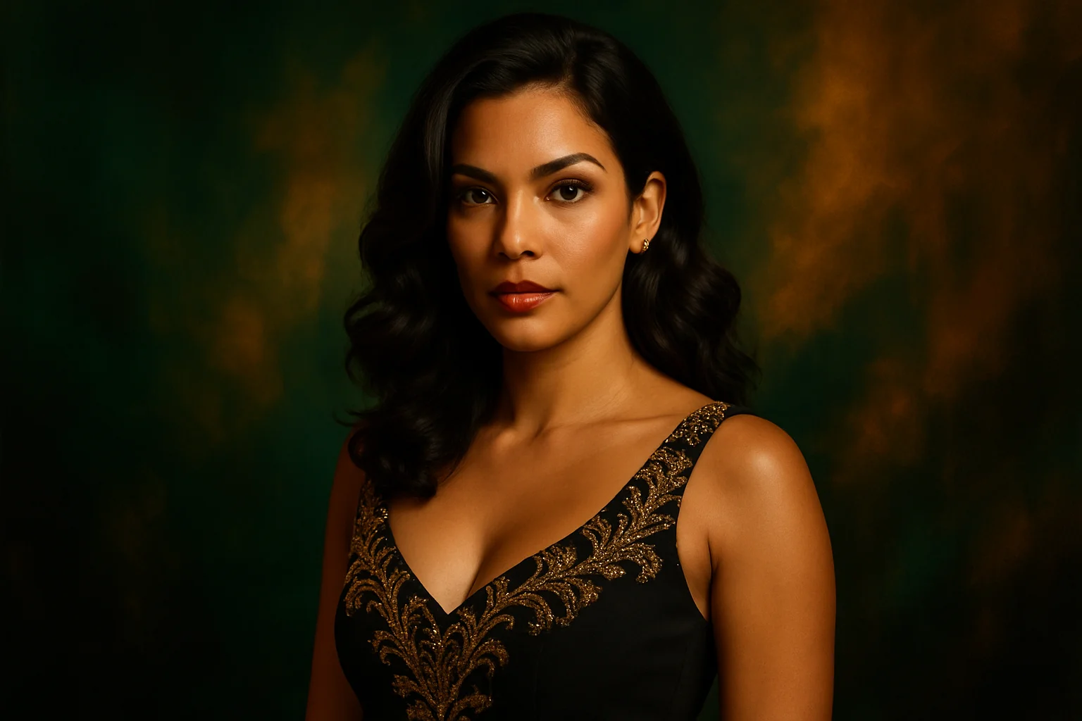 Retrato profissional de mulher brasileira elegante em fundo abstrato verde e dourado