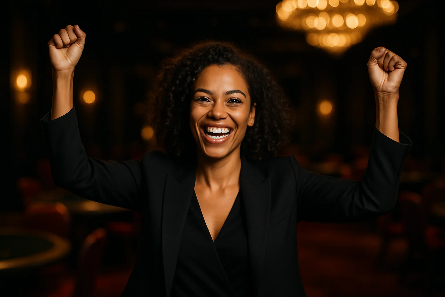 Retrato profissional de mulher brasileira alegre comemorando em lounge VIP de cassino