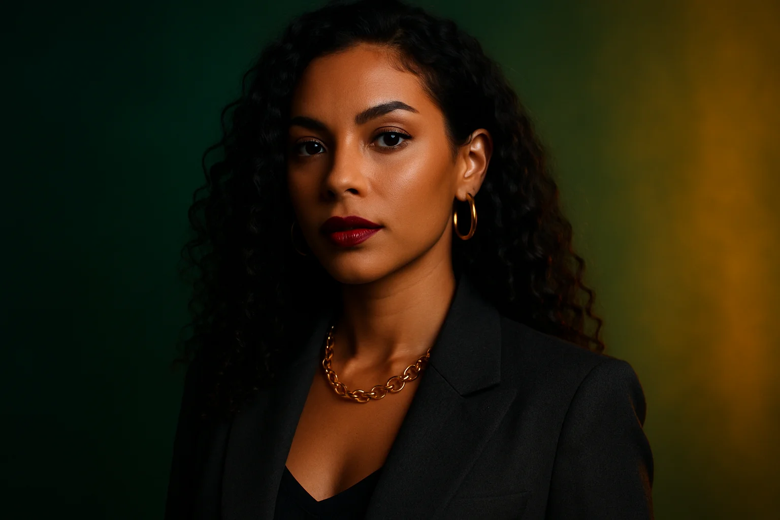 Retrato profissional de mulher brasileira estilosa em fundo gradiente verde e dourado
