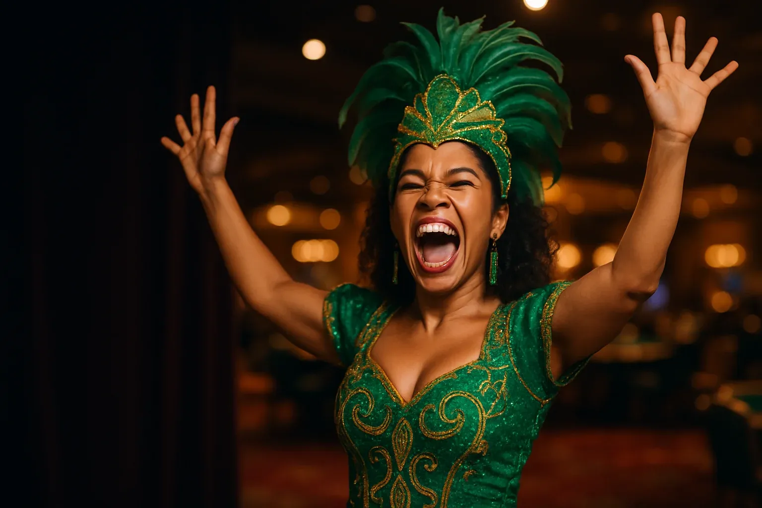 Retrato de mulher brasileira eufórica em vestido verde e dourado no cassino