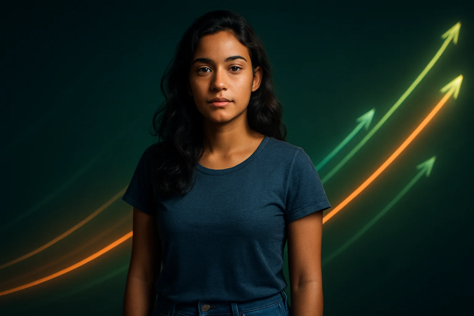 Retrato profissional de jovem brasileira em fundo abstrato verde com linhas ascendentes