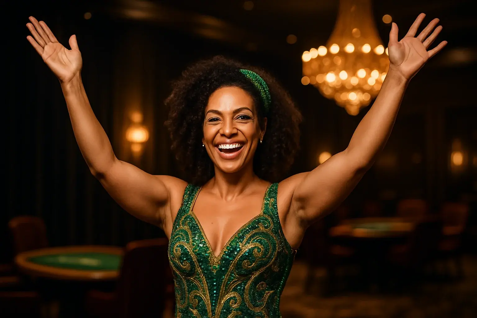 Retrato profissional de mulher brasileira sorridente em vestido verde e dourado no lounge VIP